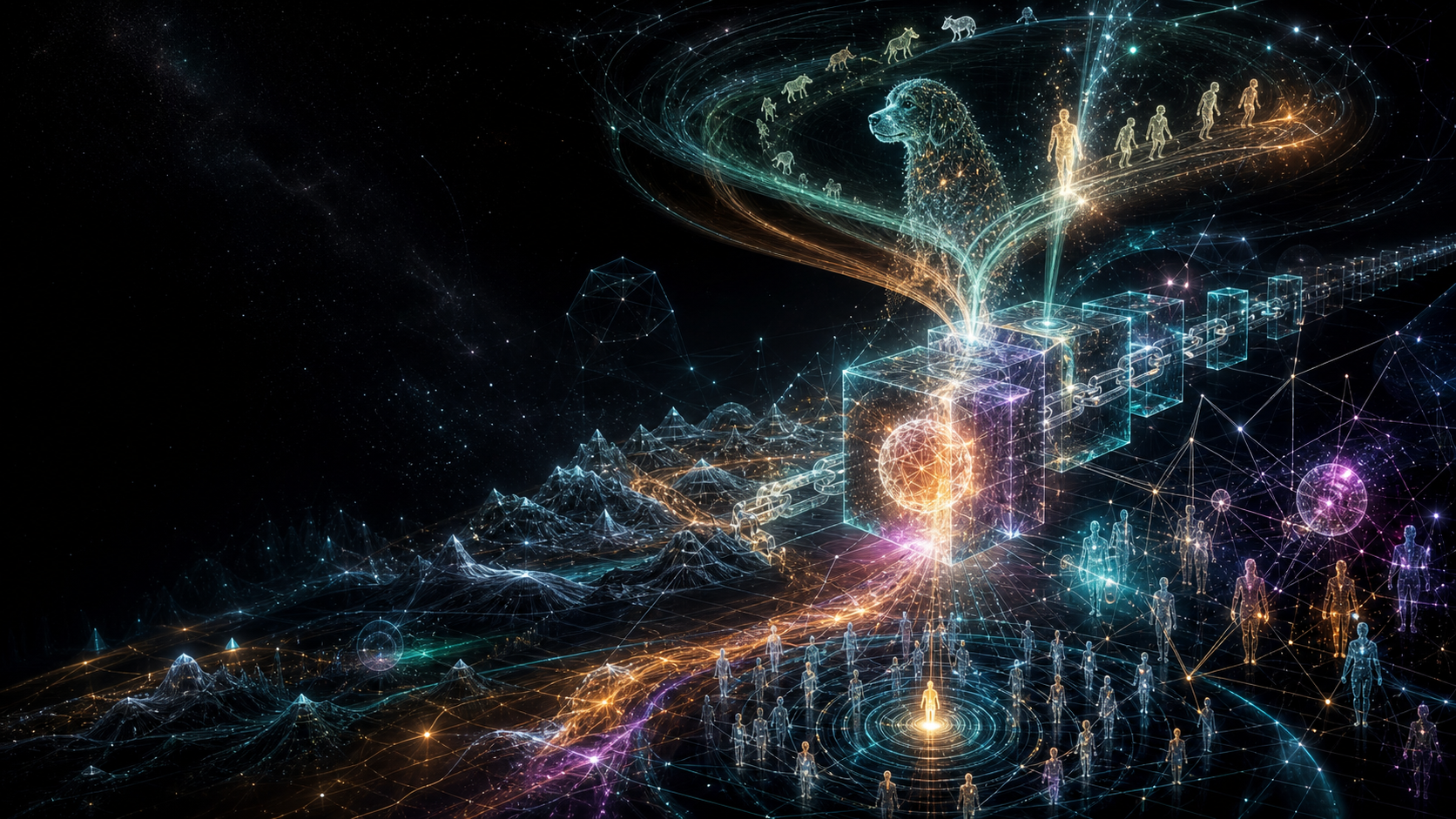 A luminous future ledger with a dog, humans, chain blocks, and century-scale paths extending into space.